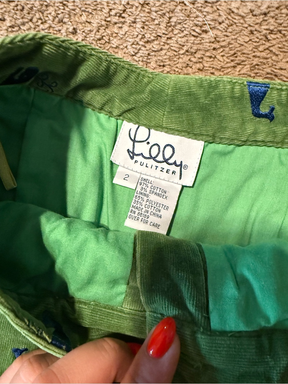 Vintage Lilly Pulitzer Green Corduroy A-Line Skirt with Blue Whale Embroidery - Picture 2 of 2